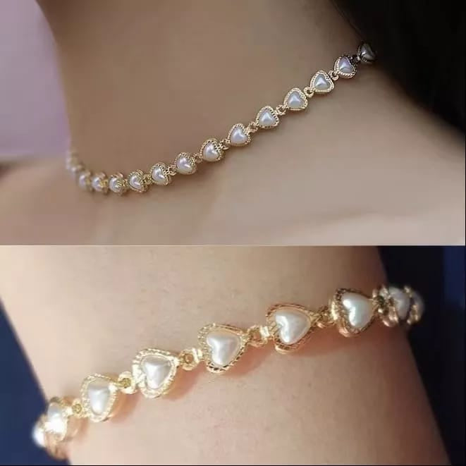 Colar Choker + Pulseira de Pérolas de Coração Banhado a Ouro 18K - Ditadelah