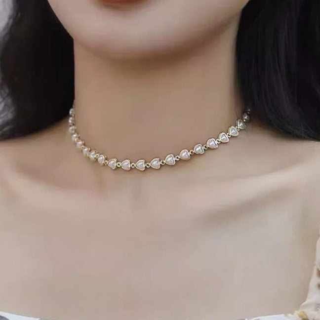 Colar Choker + Pulseira de Pérolas de Coração Banhado a Ouro 18K - Ditadelah