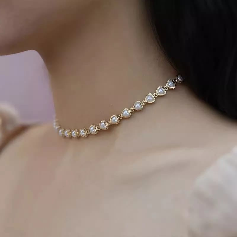 Colar Choker + Pulseira de Pérolas de Coração Banhado a Ouro 18K - Ditadelah